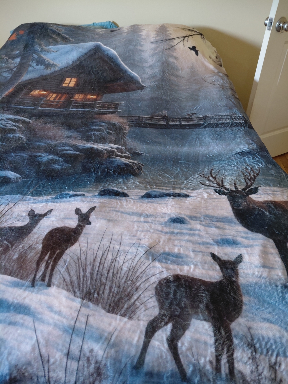 Winter Cabin Deer Print Cozy Throw Blanket - Blue/Gray